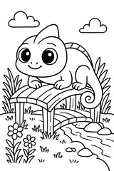 Naklejka premium Cute chameleon sitting on a wooden bridge over a stream illustration