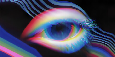 Human eye glowing with rainbow hues and chromatic aberration
