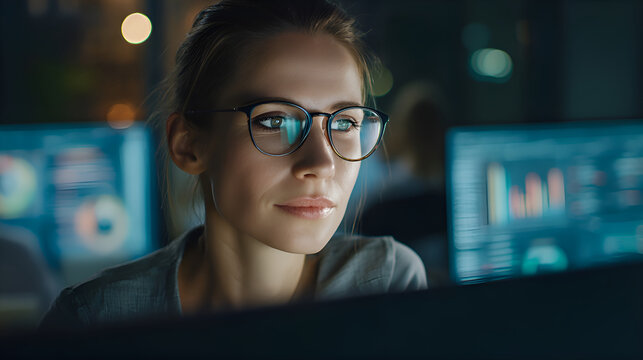 Focused businesswoman working late at night analyzing graphs on computer screen