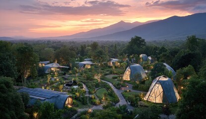 Panoramic view of a modern eco-resort at sunset