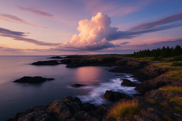 Fototapeta premium Coastal Dusk Serenity Ocean Rocks And Clouds sunset