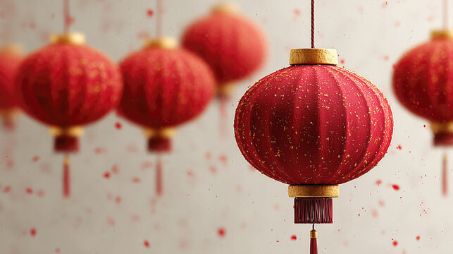 Red Chinese Lanterns With Gold Accents Hanging Against Light Background, Festive Decoration Perfect For Spring Festival, Lunar New Year Celebration As Wallpaper Or Poster