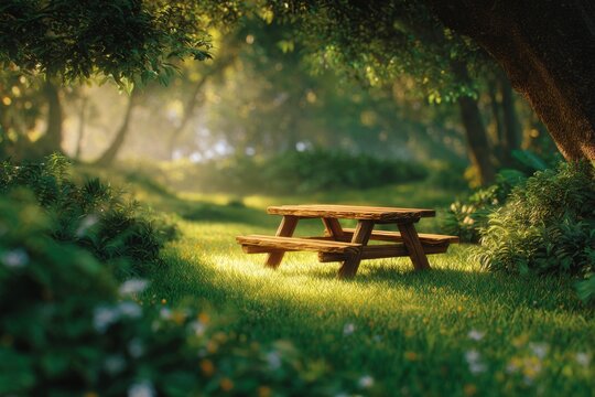 Wooden picnic table in a sunny forest glade summer outdoor recreation