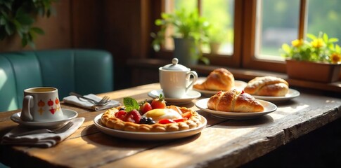 Rustic wooden table laden with a delicious brunch spread, featuring fresh fruit, pastries, and coffee Sunlight streams through a nearby window, illuminating the inviting scene , aesthetic, relaxing
