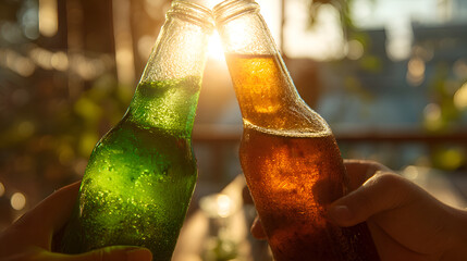 Friends toasting with green and brown beer bottles at sunset