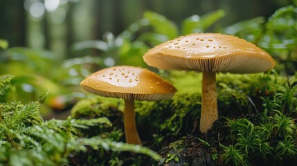 Two mushrooms with orange caps and white spots, growing on a mossy surface in a forest setting.