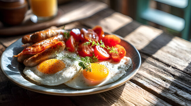 Delicious english breakfast with fried eggs, sausages, bacon and cherry tomatoes illuminating a rustic wooden table