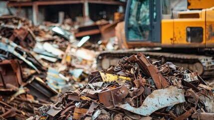 A pile of rusty metal scrap, including old car parts and industrial machinery, with a yellow bulldozer in the background. The pile is in an industrial setting,