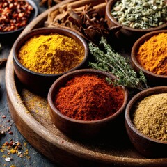 A vibrant assortment of colorful ground spices and herbs arranged in rustic wooden bowls