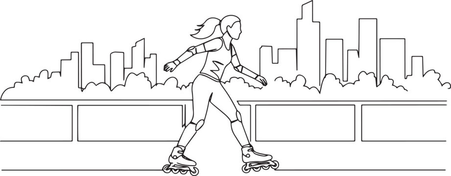 Elegant woman rollerblading illustration with city skyline in th