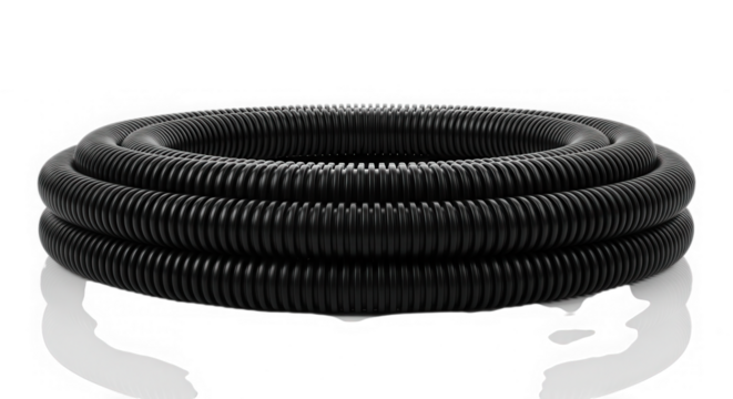 Coiled black corrugated tubing product studio shot transparent background