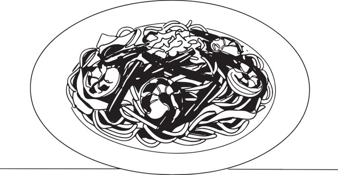 Vibrant illustration of malaysian char kway teow served on a whi