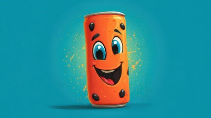 Cheerful Cartoon Can of Drink, Vibrant Design, Happy Expression.