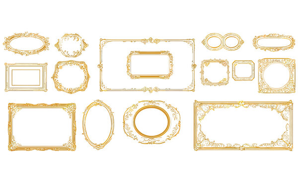 Set of elegant gold vintage decorative frames with ornate floral and baroque patterns in minimalist vector style isolated on white background for design elements and borders