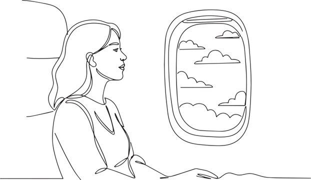 Minimalist one-line drawing depicting a woman seated by an airpl