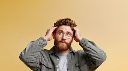 Frustrated man with glasses touching his head on yellow background. Suitable for mental health, stress, decision-making, or work-related concepts.