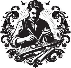 Silhouette of a miner with a hard hat and intricate floral frame for design elements