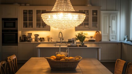 Bright chandelier over large kitchen table with rustic modern décor