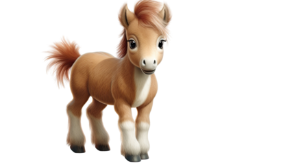 Funny cartoon baby pony horse with fluffy mane and tail isolated on white background