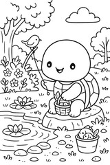 Cute turtle fishing with bird friend in a whimsical nature scene drawing