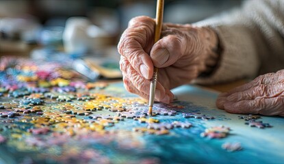 Close-up of elderly hands painting a jigsaw puzzle
