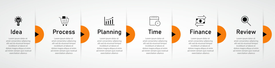 Obraz premium Timeline business process visualization with icon | Modern infographic one side orange half circle with arrow indicator suit for web, corporate, presentation | 6 steps diagram vector illustration 