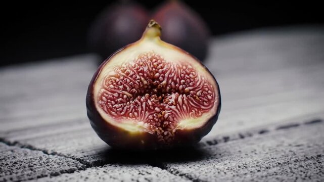 Fresh Ripe Fig Cut in Half on a Rustic Wooden Surface.