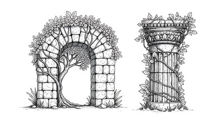 Illustration of an ancient stone arch and column covered in vines, isolated on white background, showcasing historical architecture and decorative elements