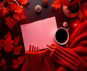 Cozy autumn morning with coffee blank paper and warm red knit blanket and leaves