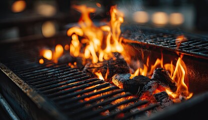 Close-up of charcoal grill with flames