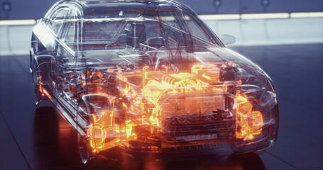 Exploring the transparent car showcases its fascinating internal components glowing in vibrant orange. The display highlights both engineering ingenuity and cutting edge technology.