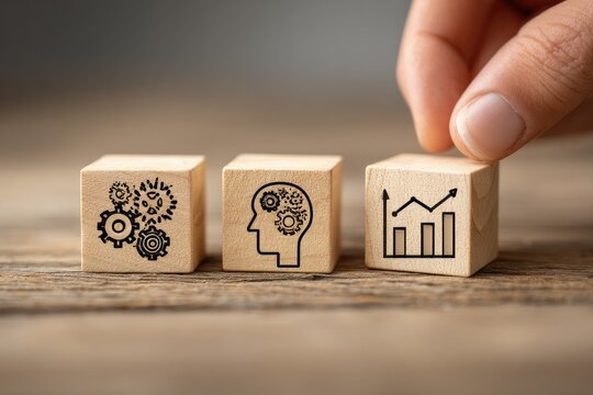 Business strategy and growth concept with wooden blocks and icons representing intelligence and progress.