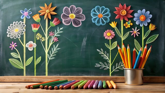 Chalkboard with colorful flower drawings and pencils