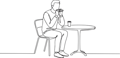 Minimalist line art illustration of a man having a snack and cof