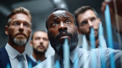 Group of professionals collaborating on project in modern office with focus on technology and teamwork