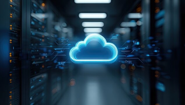 Glowing Blue Cloud Symbol in Modern Data Center Server Room Technology.