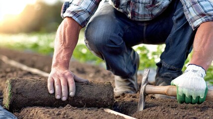 Worker preparing soil for new plant garden service outdoor setting close-up view landscaping concept
