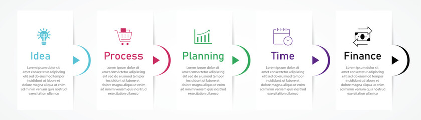 Business process visualization with 5 steps white diagram in two row | Arrow indicator vector illustration with icon | Modern elegant design for presentation, web, corporate with 5 curve