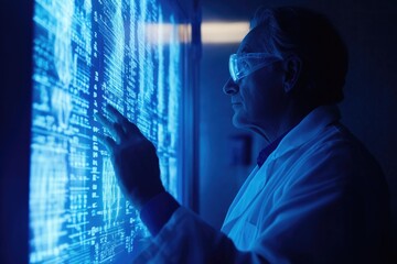 A senior scientist in a lab coat examines complex data displayed on a large interactive screen.