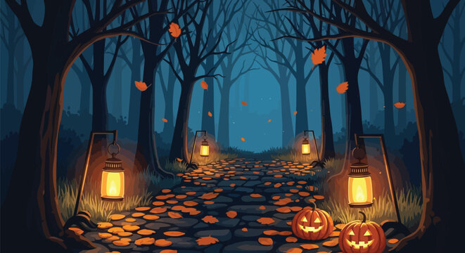 Spooky Halloween night forest landscape with pumpkins and falling leaves for festive autumn season