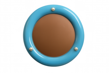 3d rendering of a blue round frame with brown center and golden buttons, isolated on transparent background