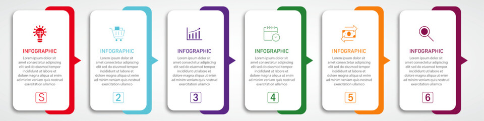 Timeline business process visualization with icon | Modern infographic one side colorful border with arrow indicator suit for web, corporate, presentation | 6 steps white diagram vector illustration
