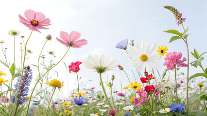 Delicate branches of cherry Colorful Varieties Flowers against a stark white background.
