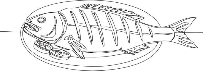 Continuous line drawing of Masgouf, a traditional Iraqi grilled