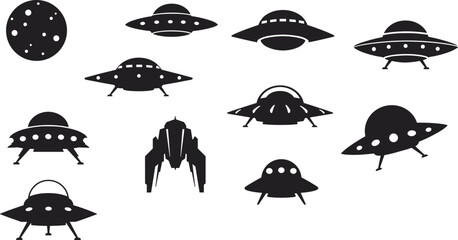 Black UFO spaceship icons, flying saucer silhouettes, alien spacecraft vector set, sci-fi illustration collection, isolated white background, space design elements