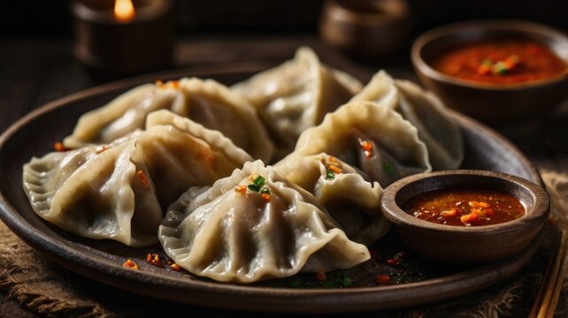 Artisanal Steamed Momos on a Rustic Plate in a Warm, Candlelit Ambiance.