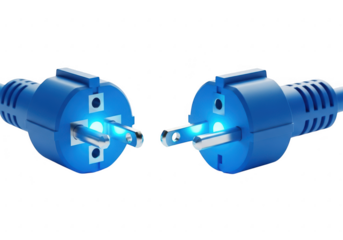 Two blue electric plugs with glowing lights, isolated on transparent background