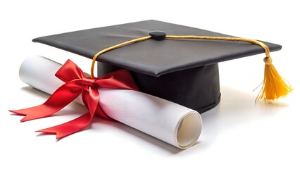 Graduation cap and diploma with red ribbon isolated on white