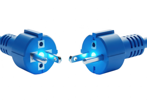 Two blue electric plugs with glowing lights, isolated on transparent background