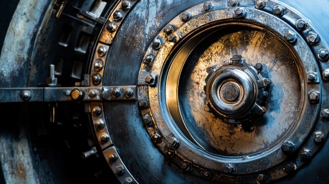 A large, old, rusted metal door with a circular, metallic knob and bolts, set against a dark, industrial background with a hint of light shining through the cracks,